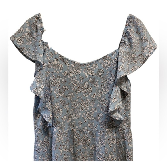 Monteau blue and cream flowered ruffle sleeved dress women's Large - Picture 3 of 9